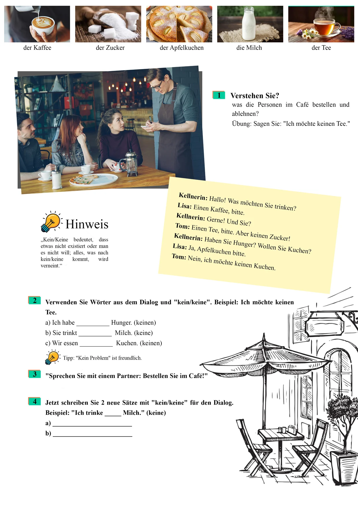 Lektionsseite im Café zum Üben von „kein“ und „keine“